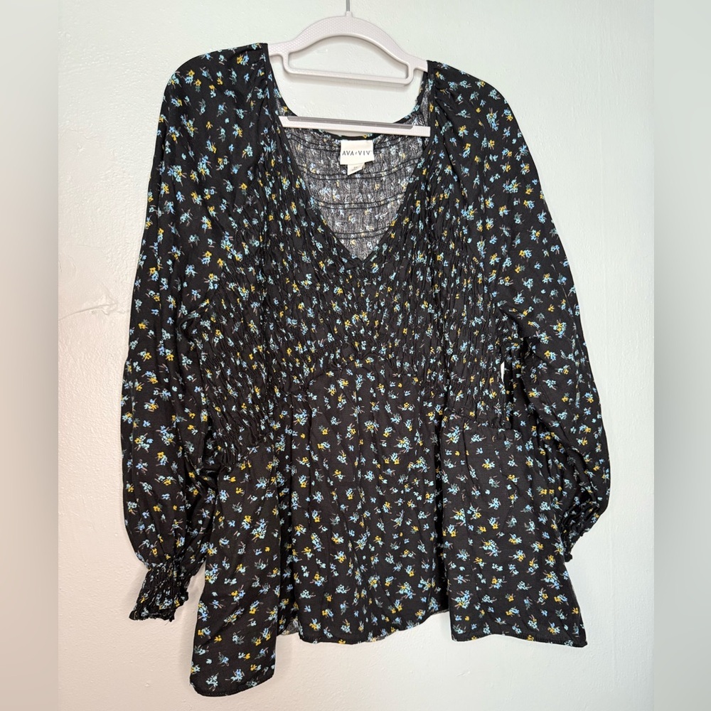 Ava & Viv Black Floral V-Neck Smocked Peasant Top